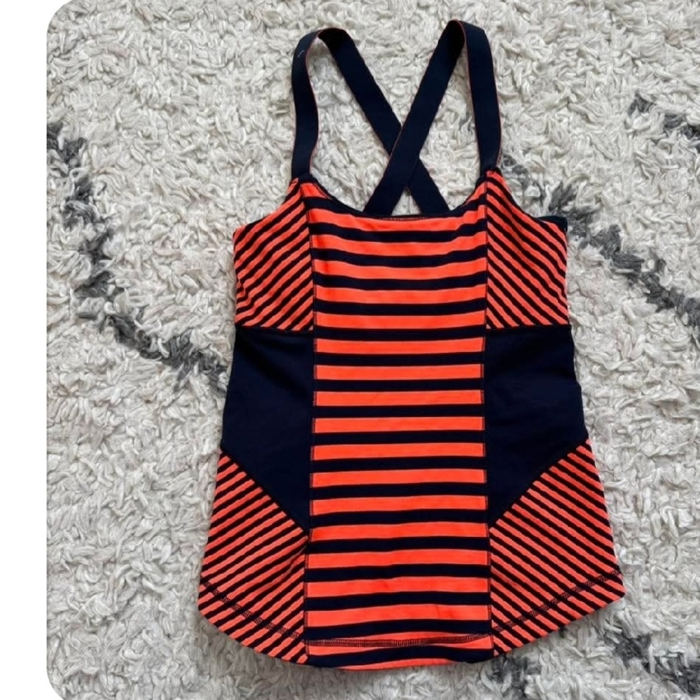 lululemon athletica Orange and Navy Striped Crisscross Top